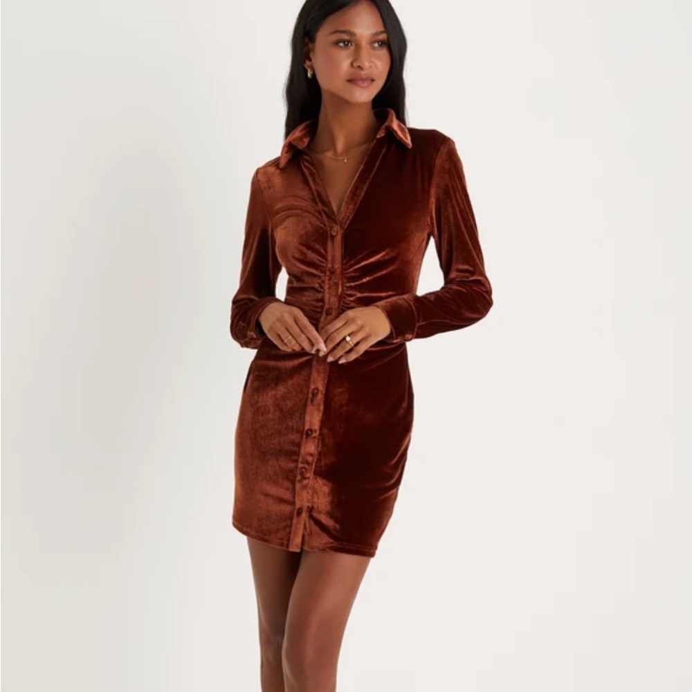 Lulus Endless Style Rust Brown Velvet Ruched Button-Up Mini Dress S